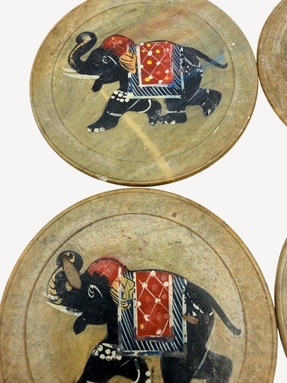 Vintage Rajasthani Marble Coasters Hand-Painted Indian Elephant Design Set Of 4 - Picture 4 of 6